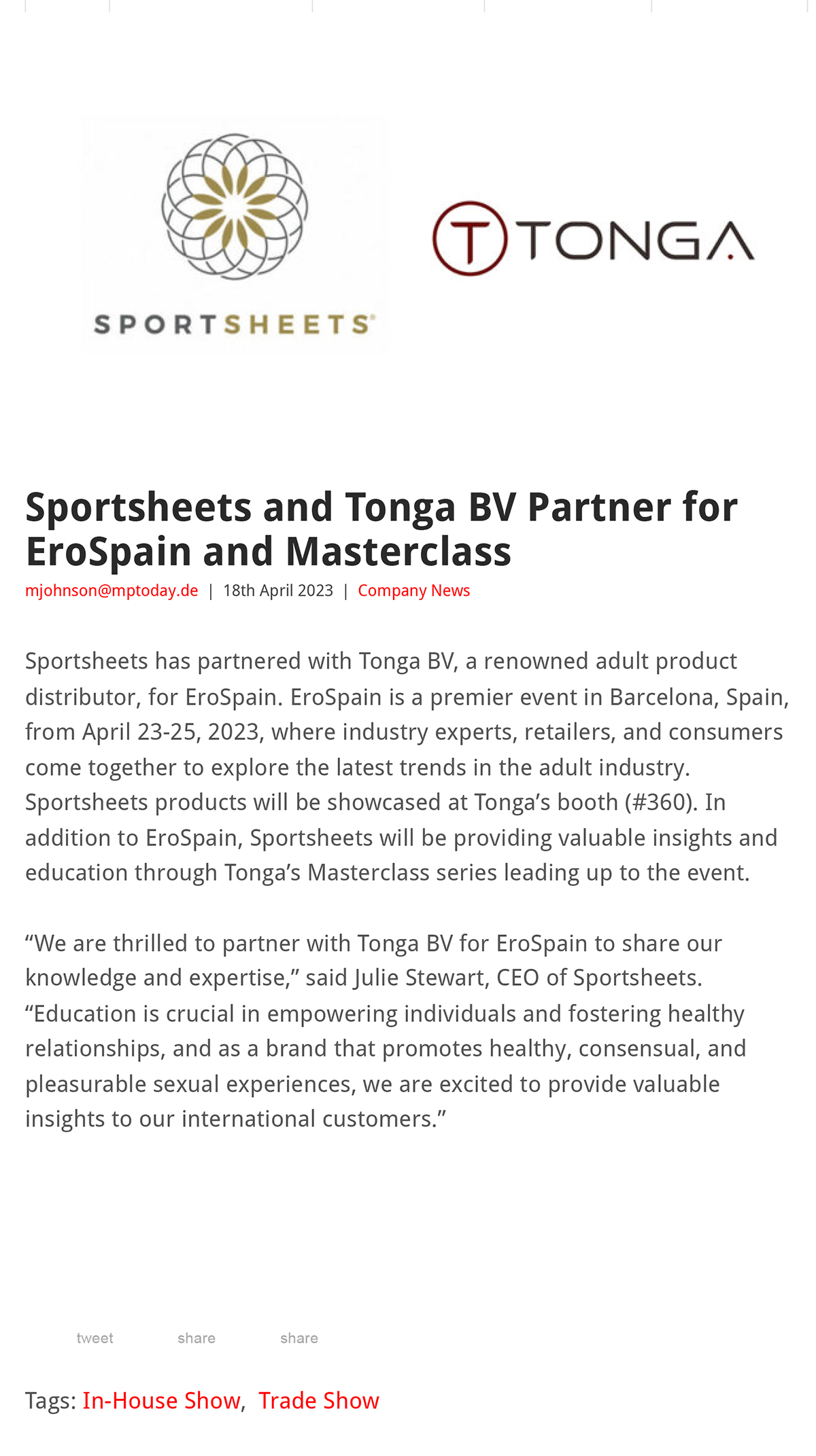 2023-04 EAN Online - Sportsheets and Tonga BV partner for EroSpain and Masterclass